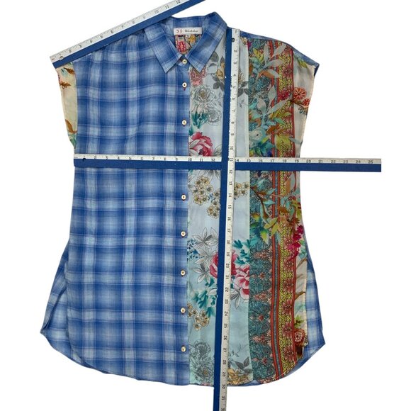 Johnny Was 3J Workshop Blouse S Blue Plaid Floral Silk Blend - Picture 6 of 13